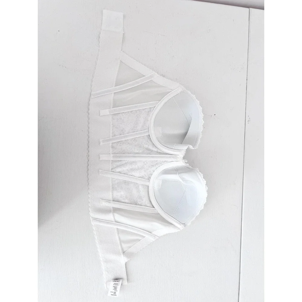 SIZE XS / S 36A Vintage Longline Corset Bustier White Lace Strapless‎ 1970s
